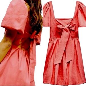 New Zara BLOGGER FAVORITE Marsala Linen Cotton Balloon Dress with Bow Ba…